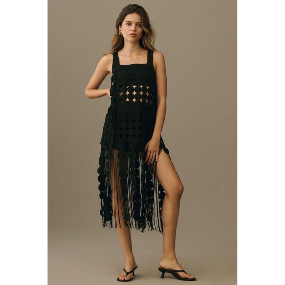 Anthropologie Black Geometric Cutout Fringe Tunic One Size Polyester‎ & Rayon - Picture 1 of 12